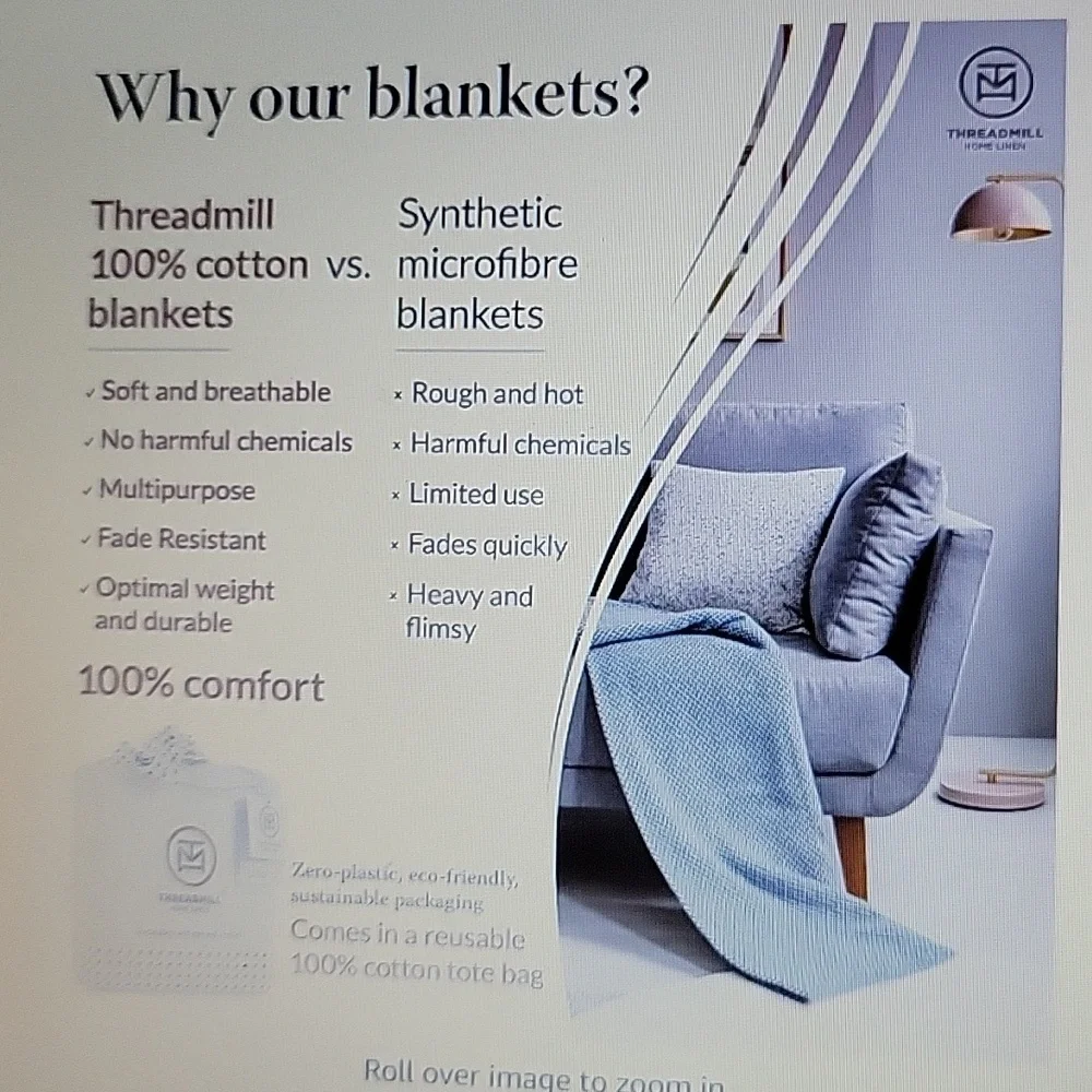 Threadmill light gray Queen luxury 100% cotton blanket coverlet All Season New